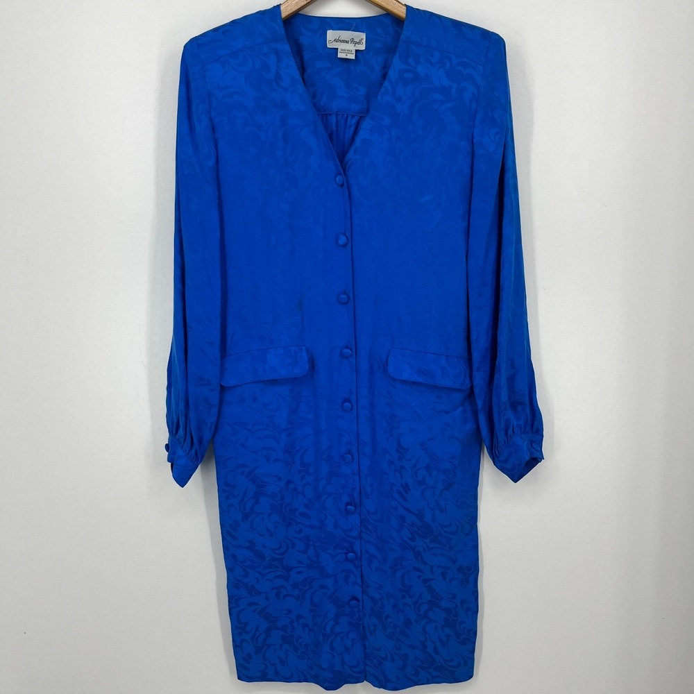 Adrianna Papell Dress Women's Size 4 Blue 100% Silk Floral Button Vtg
